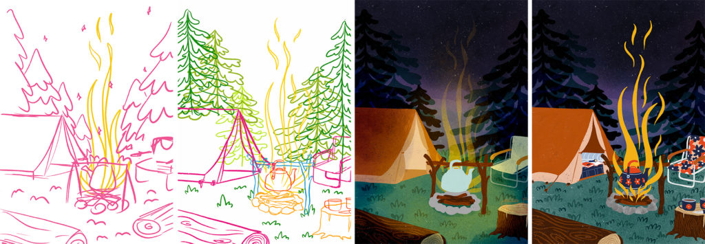 camping nocturne croquis illustration clohey