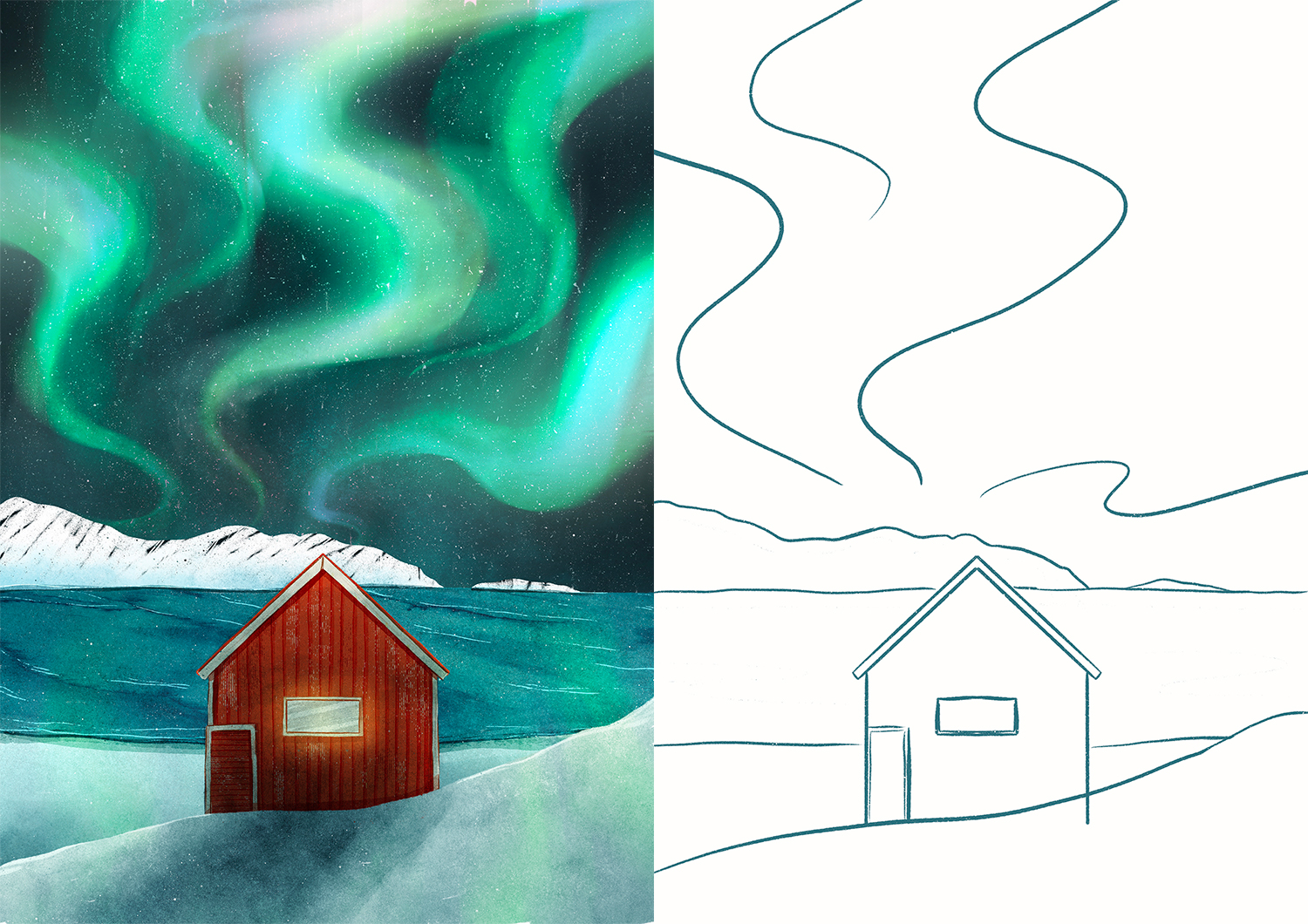 illustration croquis norvège clohey voyage aurore boréale maison rouge