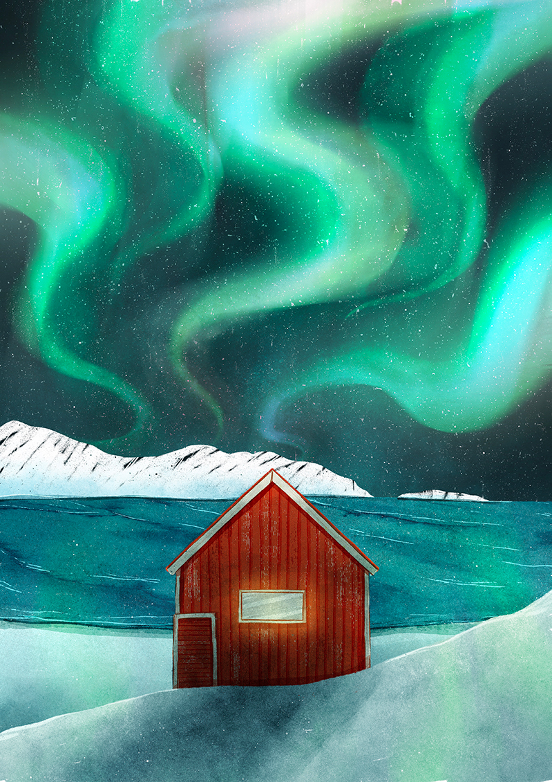 illustration norvège clohey voyage aurore boréale maison rouge